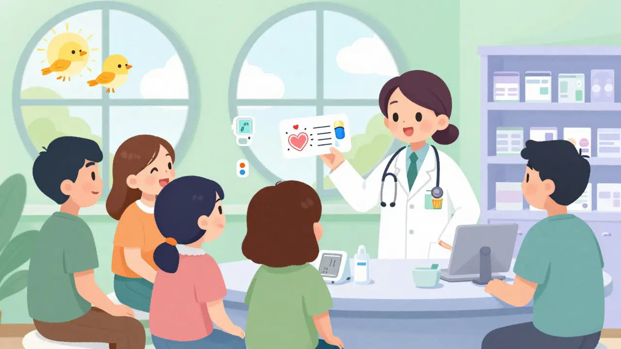 A pharmacist explains birth control to patients at a community window with a cartoon diagram and floating health icons.