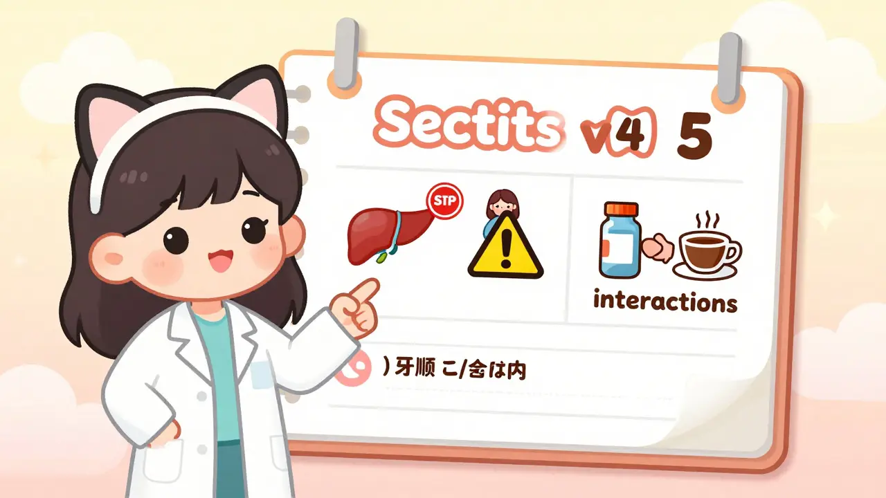 A pharmacist pointing to a colorful drug label with contraindications and warnings illustrated in cute cartoon form.