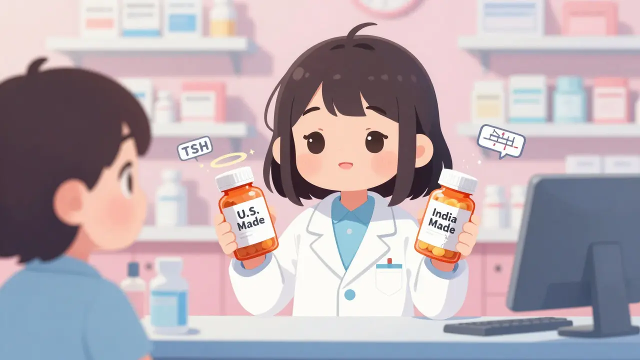A pharmacist showing two pill bottles to a patient—one glowing, one cracked—under soft pastel lighting.