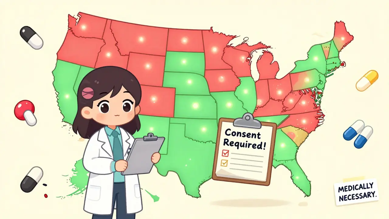 A pharmacist stands before a colorful U.S. map showing state-specific generic substitution laws with icons of restricted drugs.