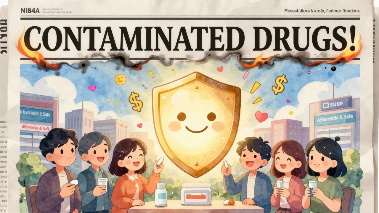 A scary newspaper headline dissolves into people happily taking generics under a glowing FDA shield.