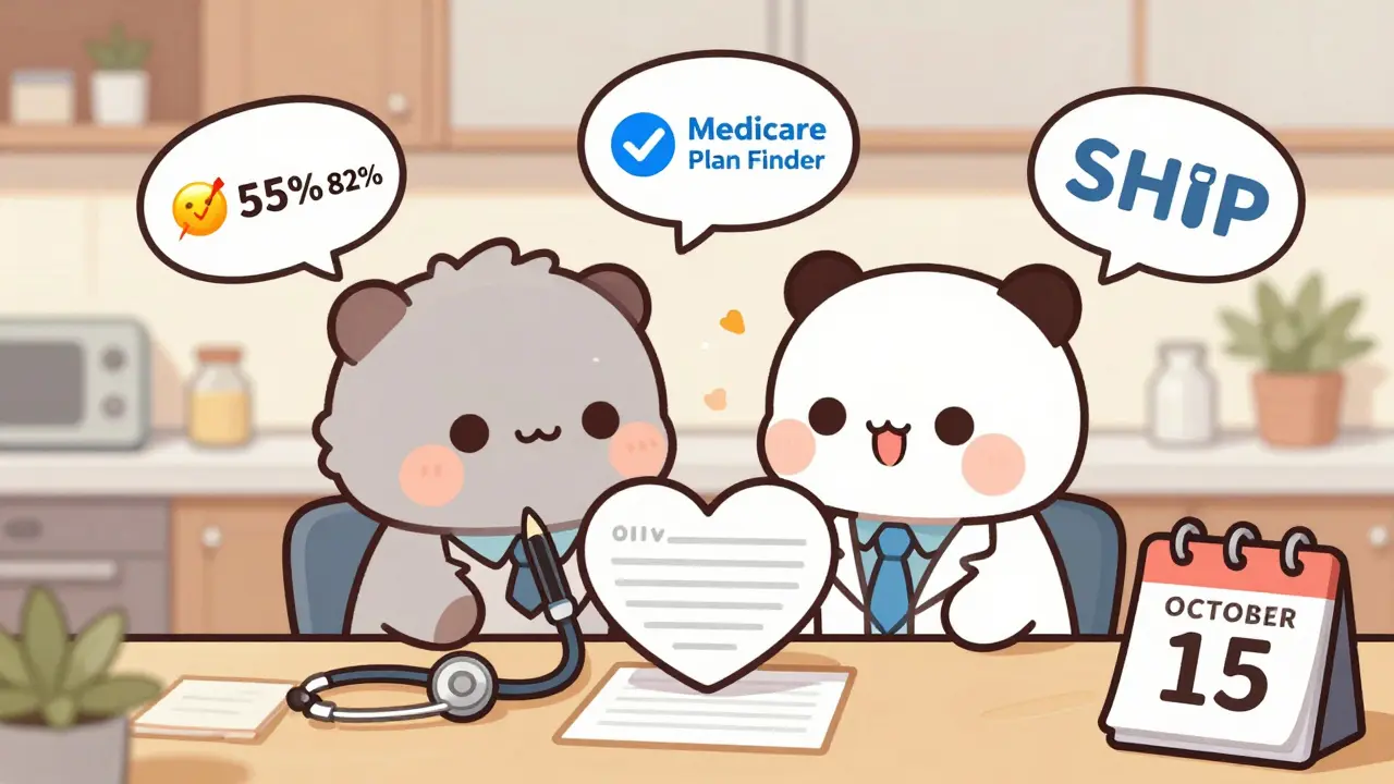 A senior and doctor filling out a heart-shaped formulary exception form, with Medicare and SHIP icons floating nearby.