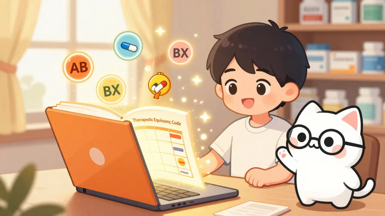 A student studies FDA therapeutic equivalence codes on a laptop with animated rating badges.