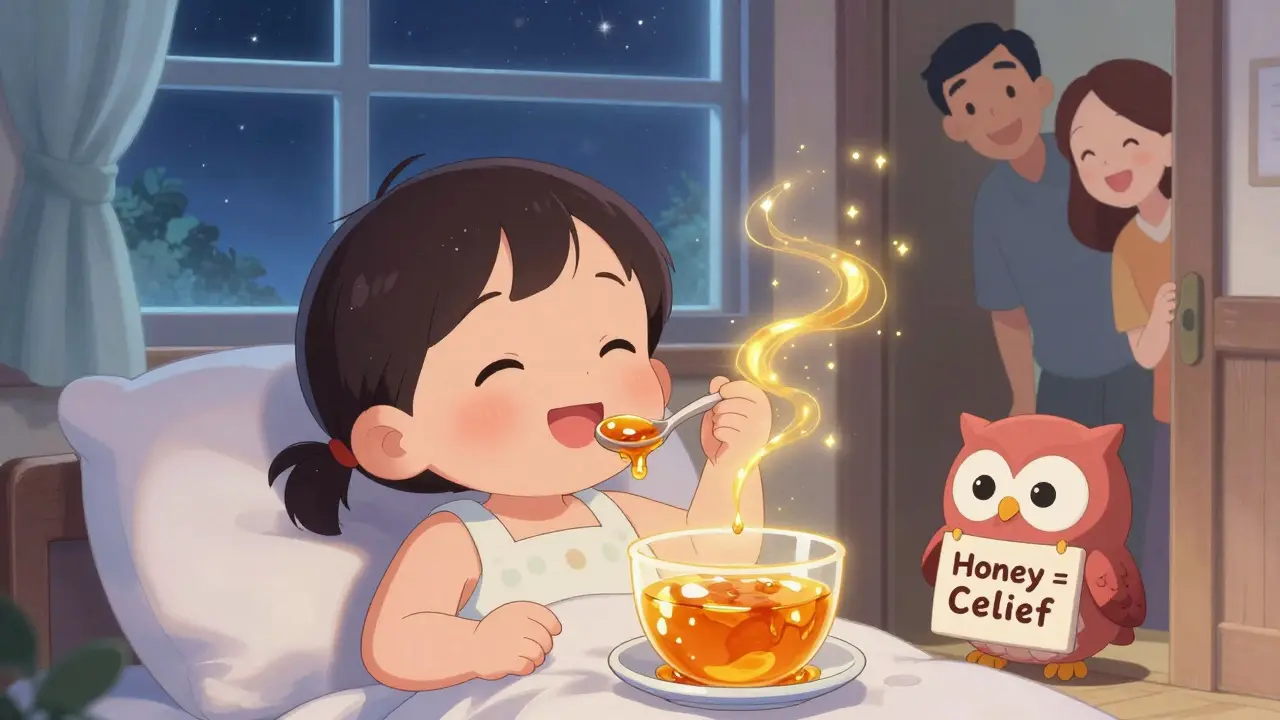 A toddler happily eating honey from a spoon before bedtime, with a warm, dreamy atmosphere.