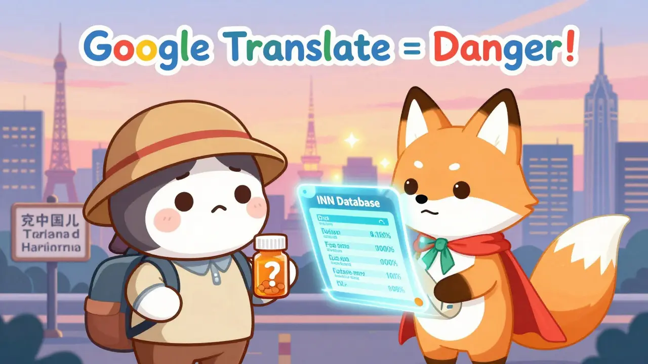 A traveler helped by a magical translator fox holding a scroll with international medication info.