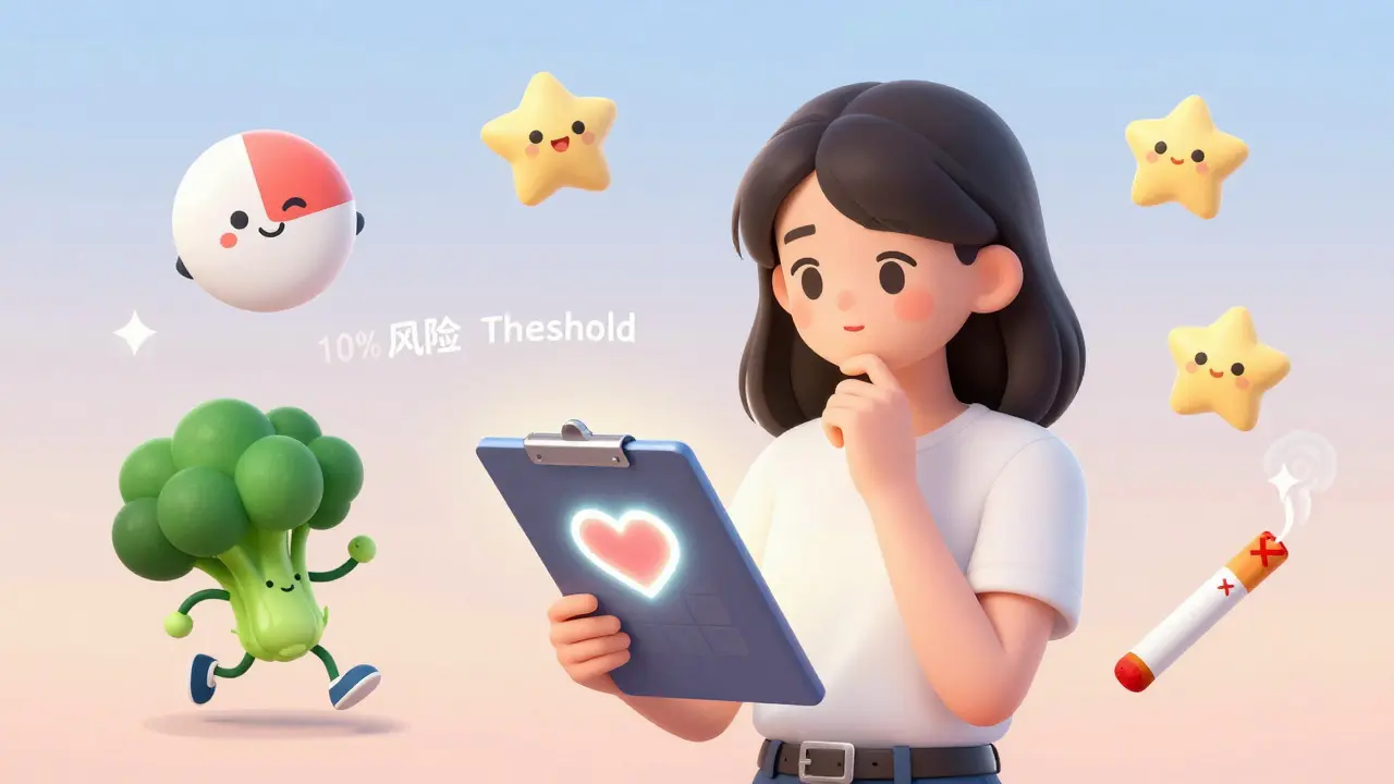 A woman checking a heart risk calculator with healthy lifestyle icons around her in kawaii style.