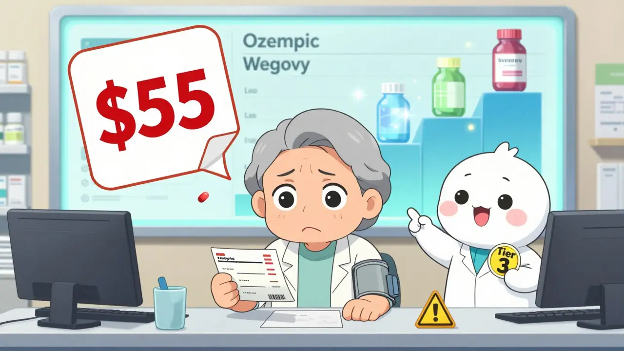 A worried senior at a pharmacy seeing a high price tag above their pill, while a friendly pharmacist points to a tier badge.