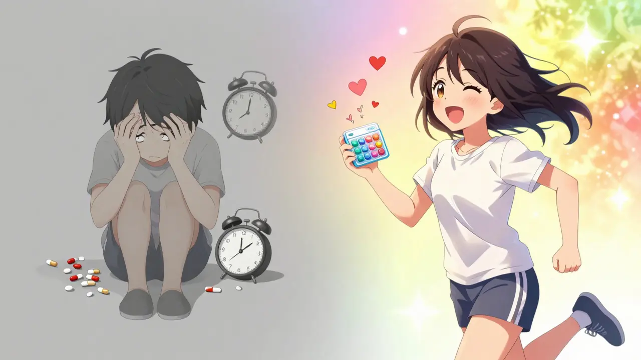Before and after scene: stressed person with scattered pills vs. happy person jogging with a synced pill organizer, in kawaii anime style.