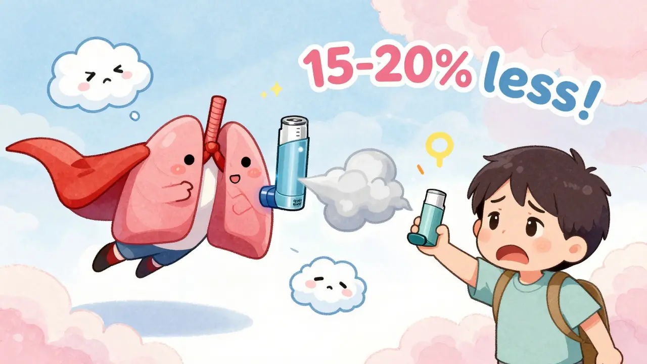 Cartoon branded inhaler releasing perfect medicine clouds vs. faulty generic version.
