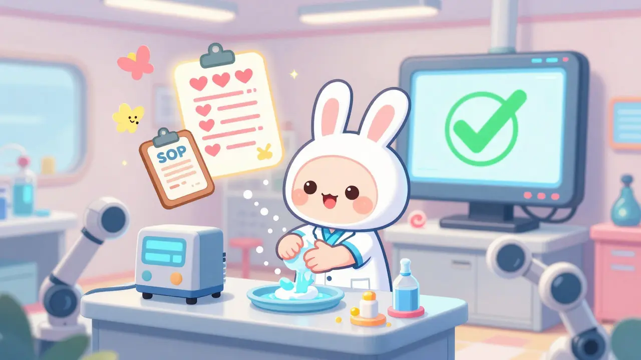 Cute technicians wash hands in a colorful cleanroom with floating heart checklists and glowing QMS tablets.