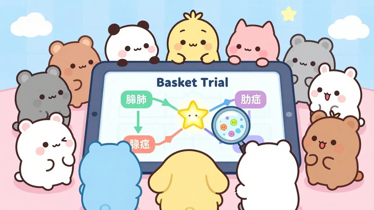 Diverse patients around a tablet showing a basket trial map linking cancers to a glowing biomarker star.