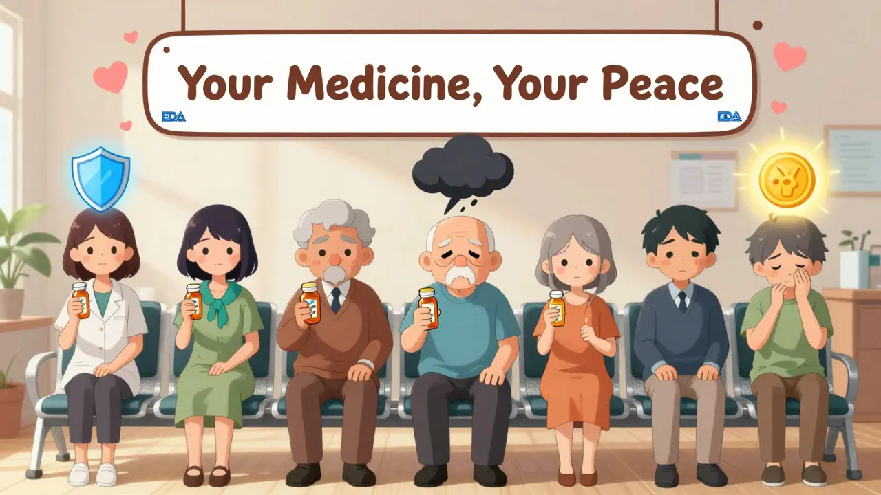 Diverse patients in a clinic holding their preferred pills, each surrounded by emotional auras like shields, clouds, and savings coins.
