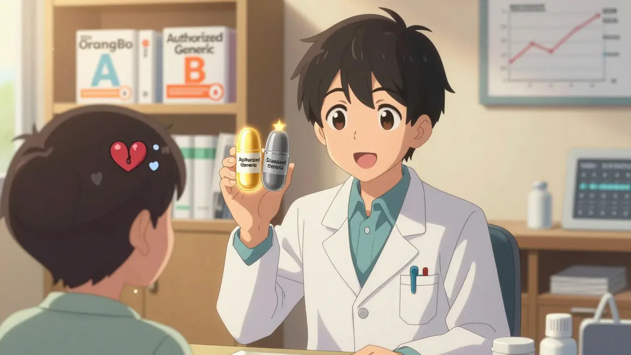 Doctor showing patient the difference between standard and authorized generic pills.