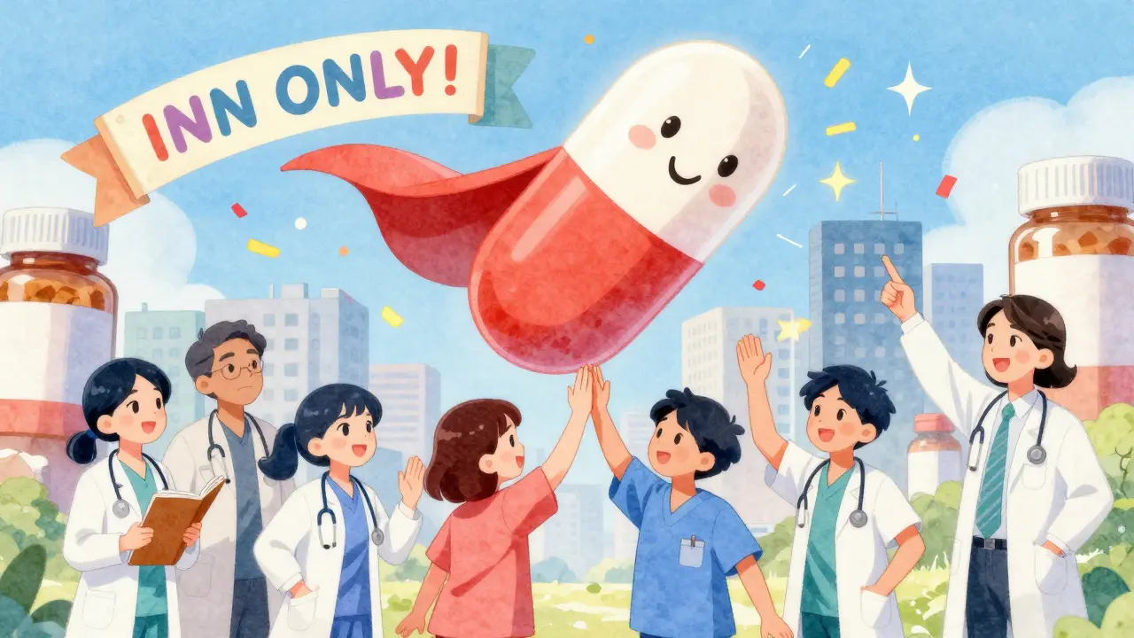 Medical students celebrate around a superhero generic pill wearing a cape, with 'INN ONLY!' banner and confetti in kawaii style.