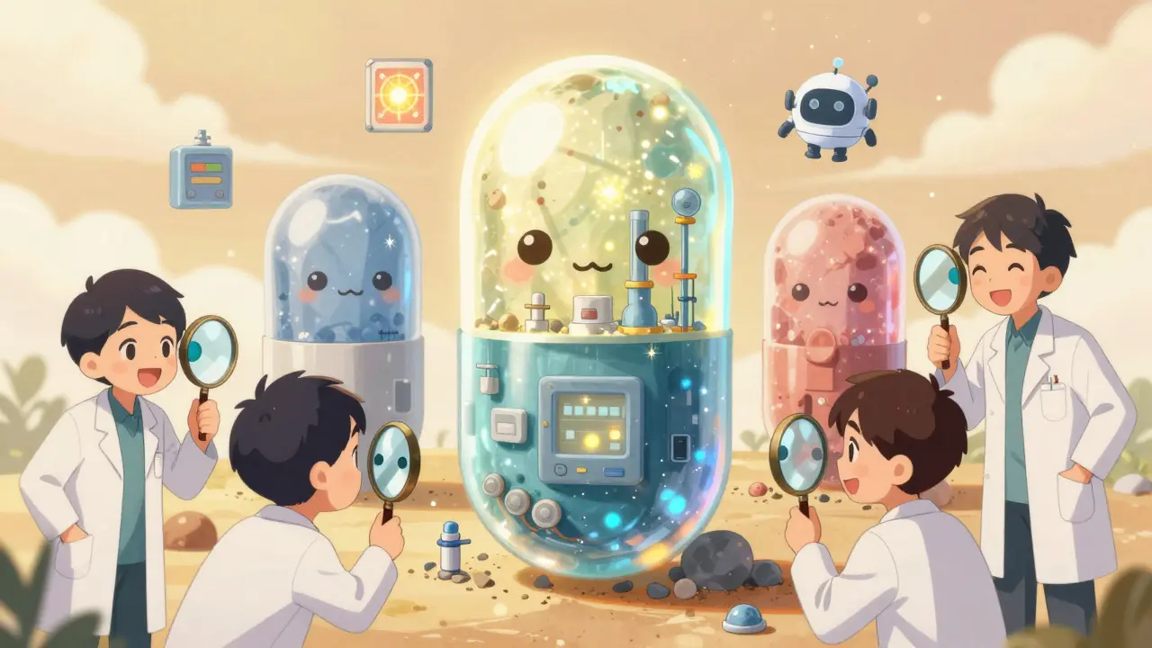 Medical students examining giant pills that reveal hidden factories, some clean and bright, others dim and dusty.