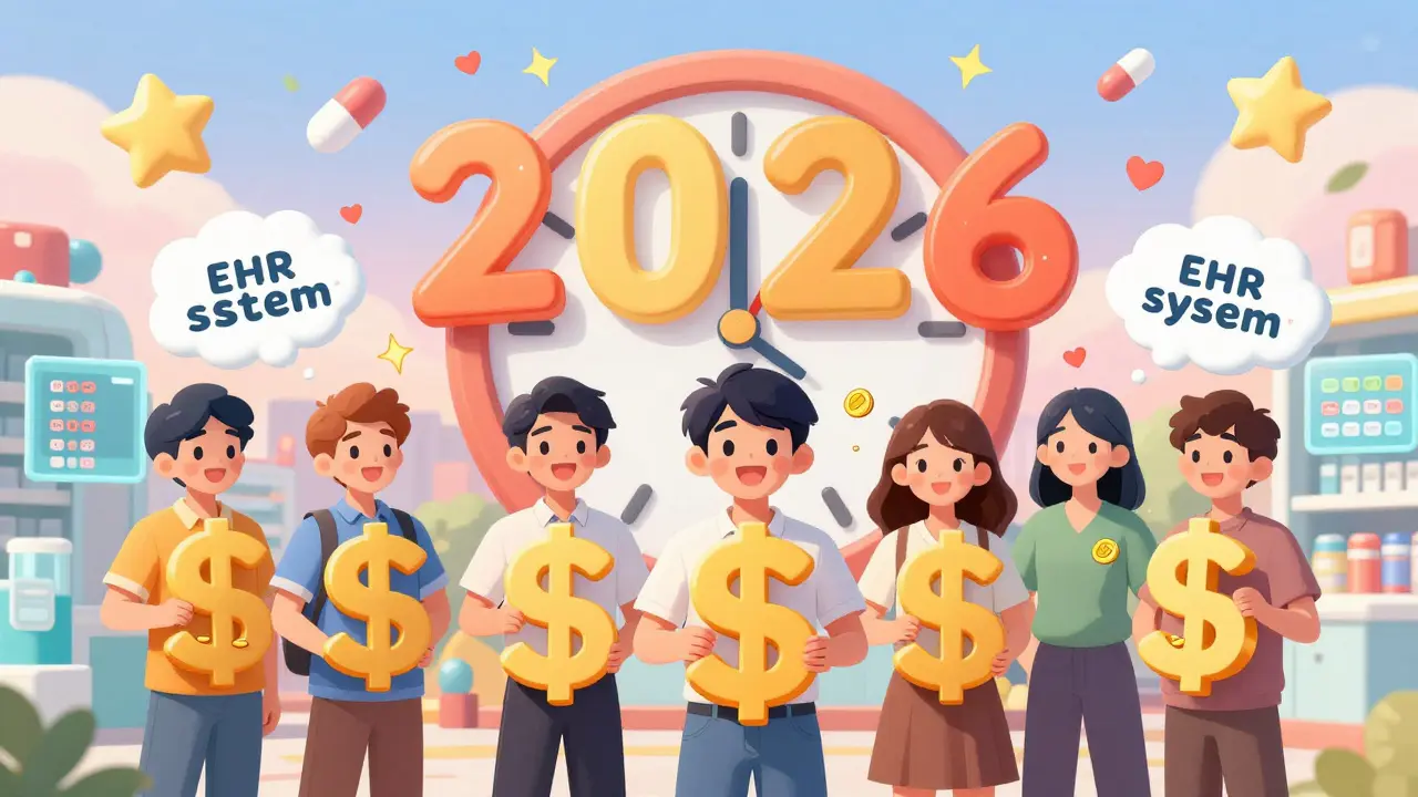 People celebrate savings as generic drug prices drop and futuristic health tech displays appear.