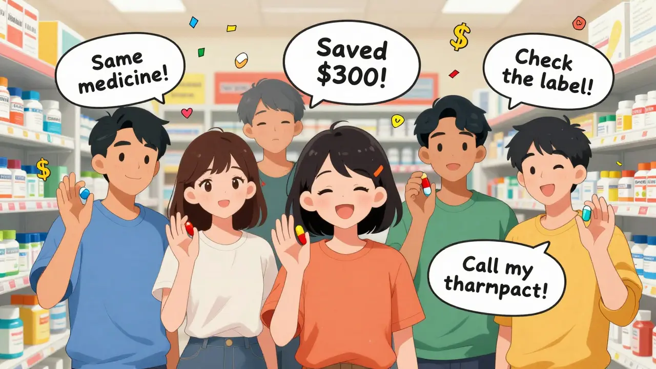 People hold various colored pills with positive speech bubbles, surrounded by pharmacy shelves and savings icons.