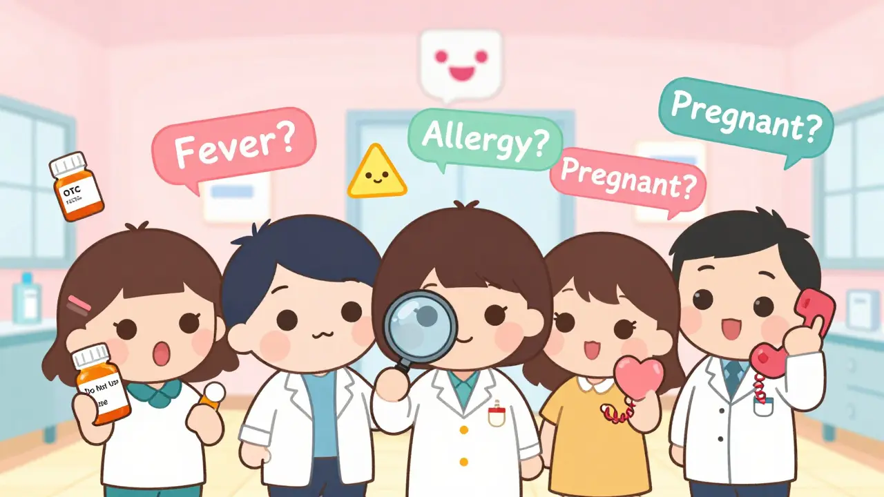 People reading OTC medicine labels with floating warning signs, one calling a pharmacist on a heart-shaped phone.