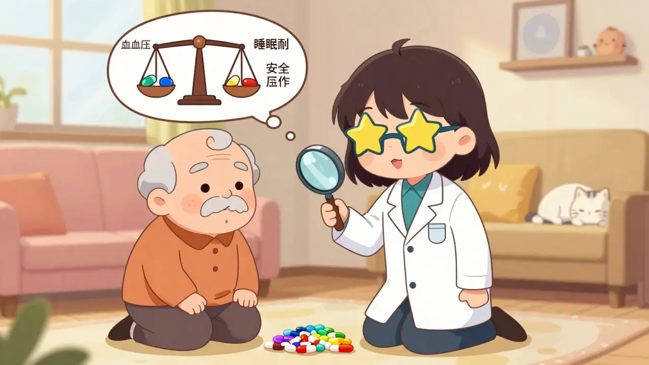 Pharmacist reviewing colorful pills with senior in cozy home, balance scale floating above.