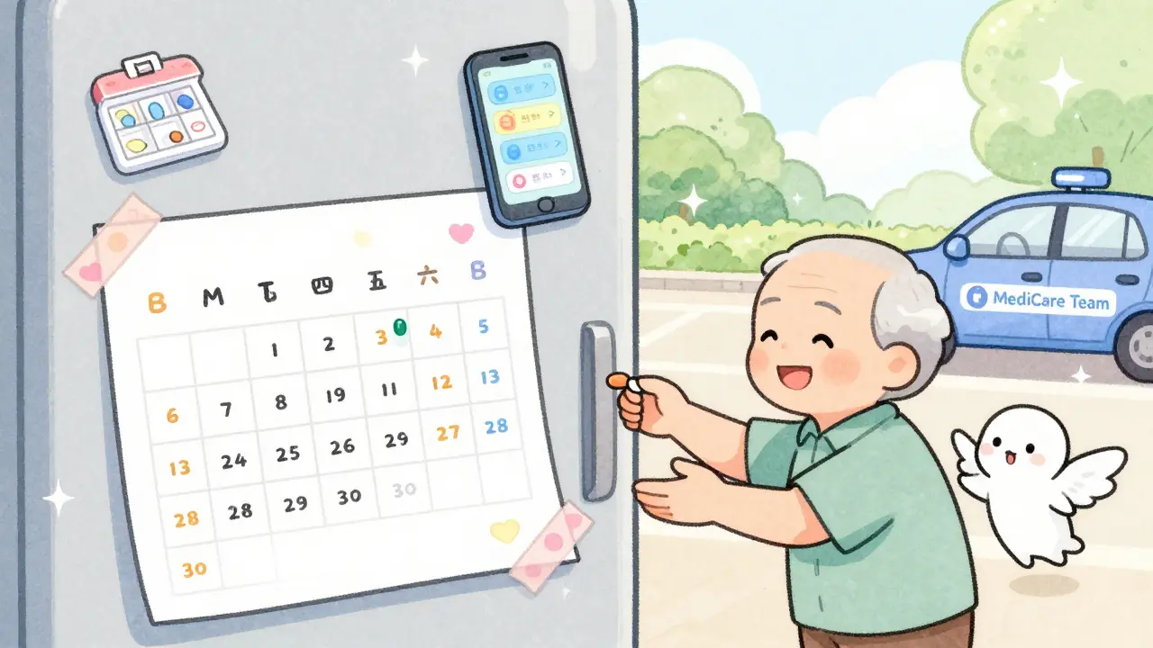 Printed medication calendar on fridge with doodles, beside pillbox, as a gentle guardian figure guides an elderly man's hand.