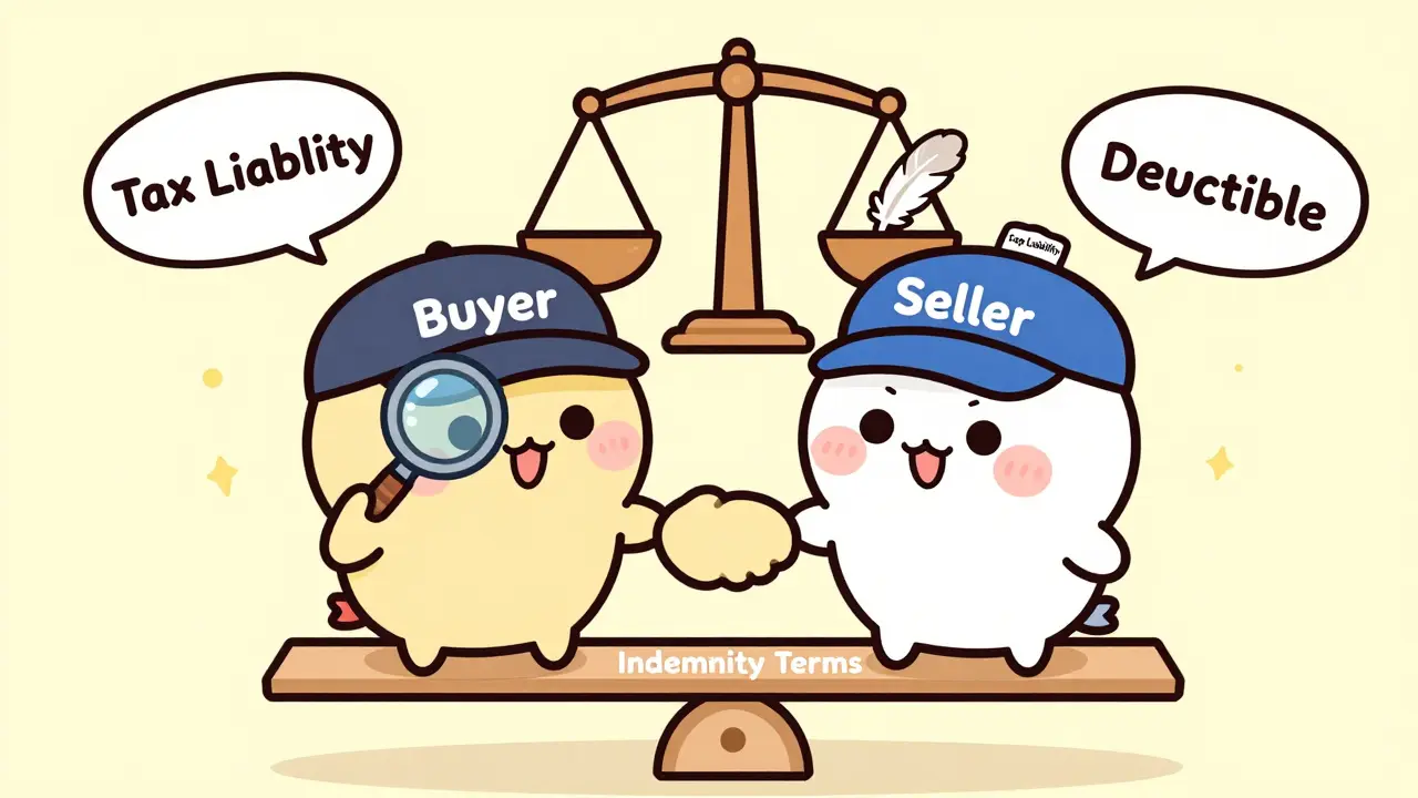 Two cartoon business partners balancing indemnity terms on a seesaw with weights and feathers.