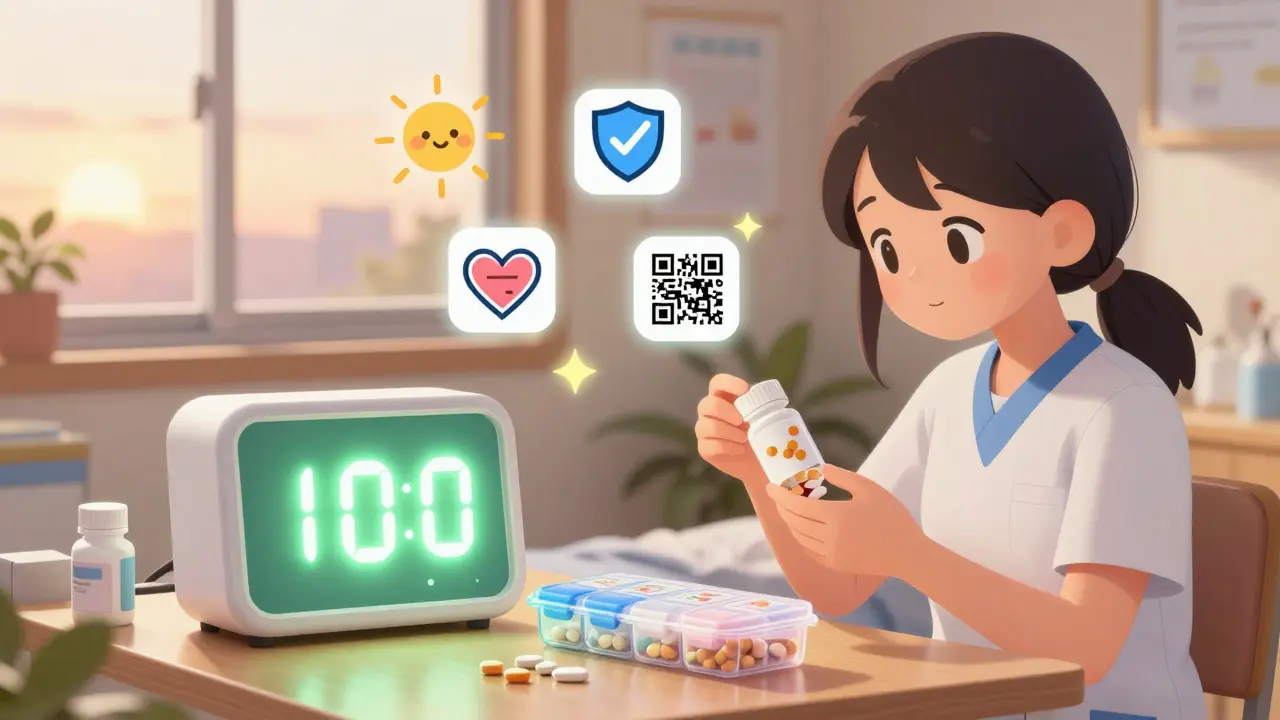 A caregiver performs a weekly medication check with glowing safety icons and a timer, in kawaii anime style.