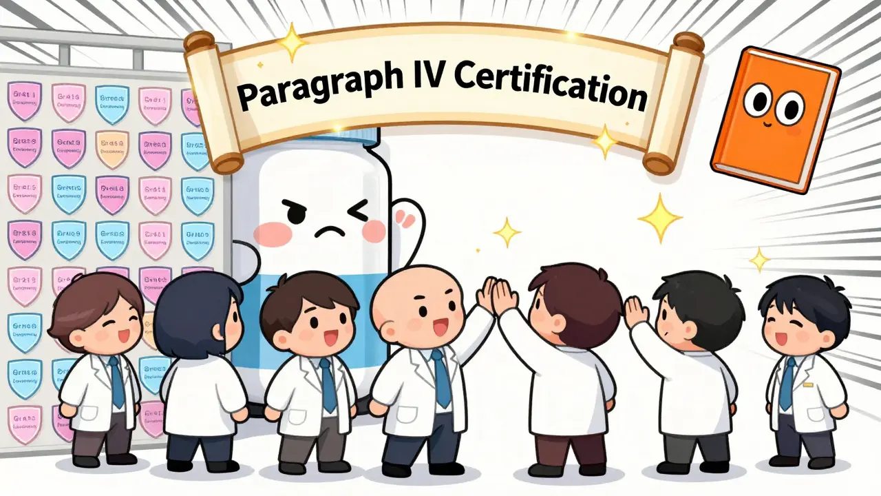 A cute generic drug team celebrates with a glowing Paragraph IV scroll, defeating patent shields in anime style.