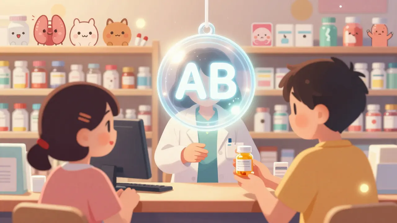 A friendly pharmacist gives a generic pill bottle with a glowing AB rating charm above, surrounded by animal-shaped medicine bottles.