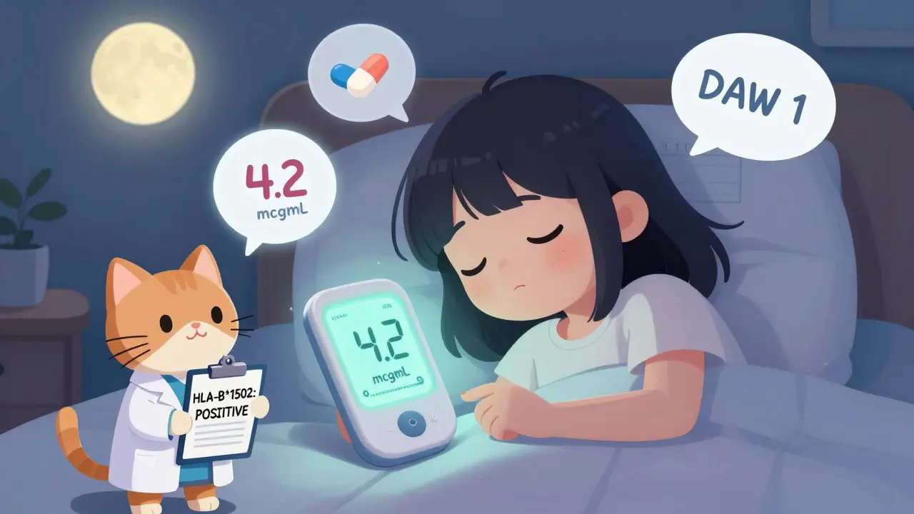 A girl checks her blood level with a glowing monitor, her cat in a lab coat holding a genetic test result in soft anime lighting.