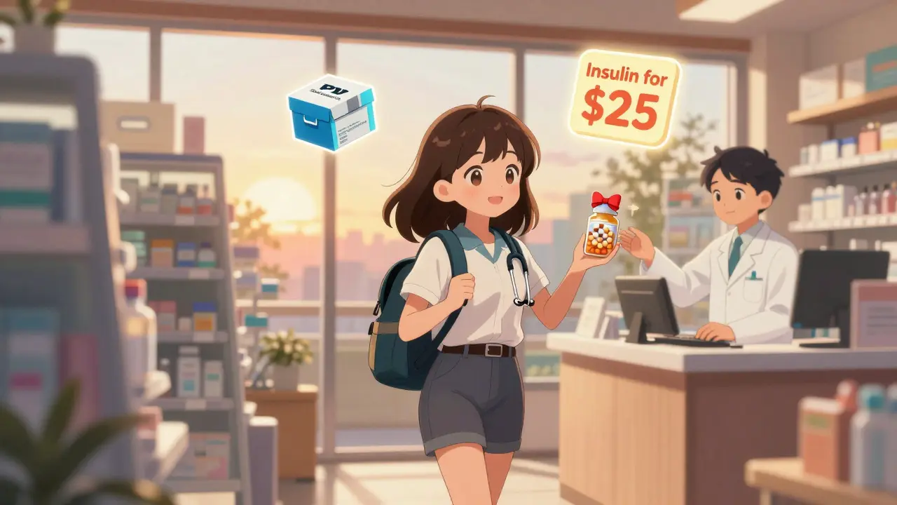 A girl receiving medication from a pharmacist with floating icons for mail-order savings and low-cost insulin, in a cozy, warmly lit pharmacy.
