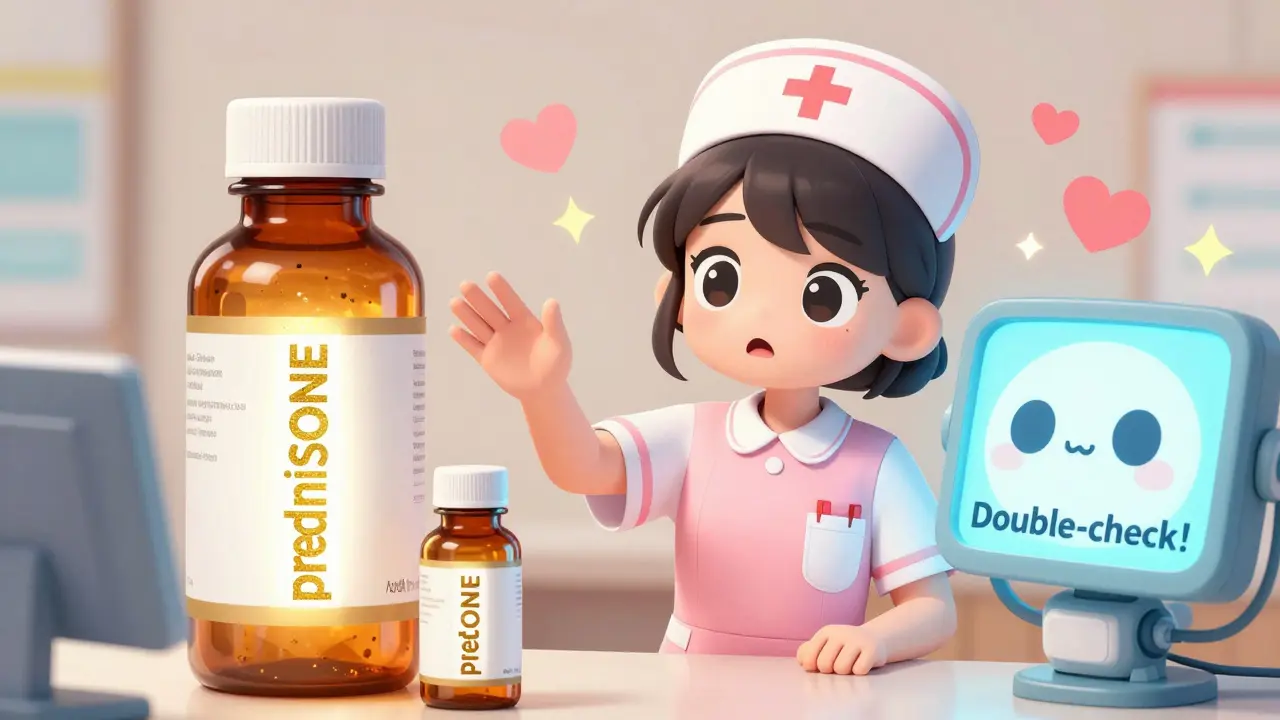 A nurse seeing highlighted drug names with a friendly AI assistant displaying a warning message.