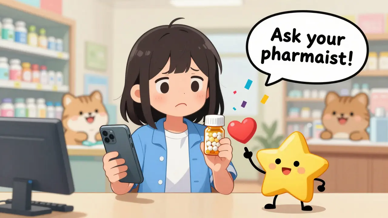 A patient comparing pill bottles with a smiling pill pointing out visual differences.