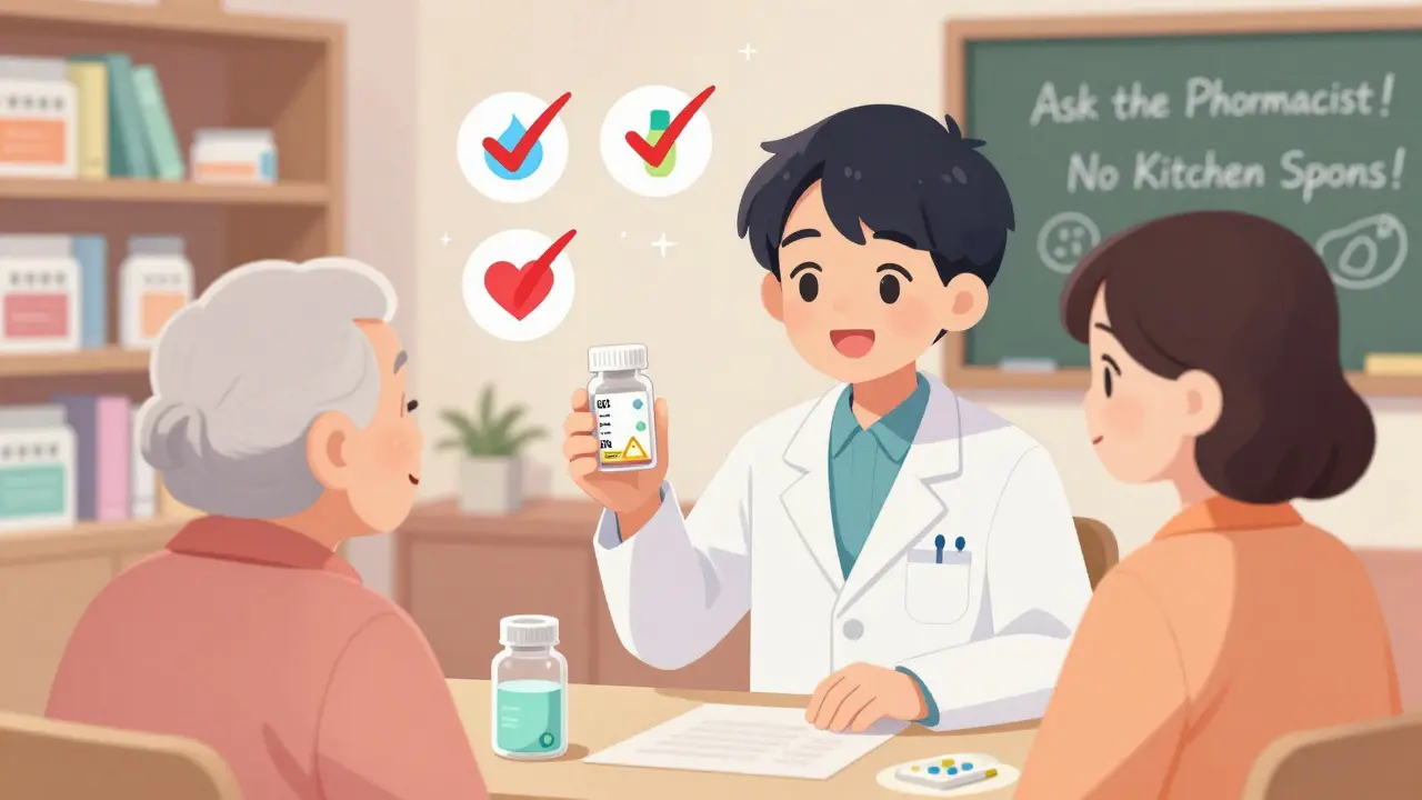 A pharmacist and caregiver discuss medication safety with floating icons showing drug interactions being resolved.