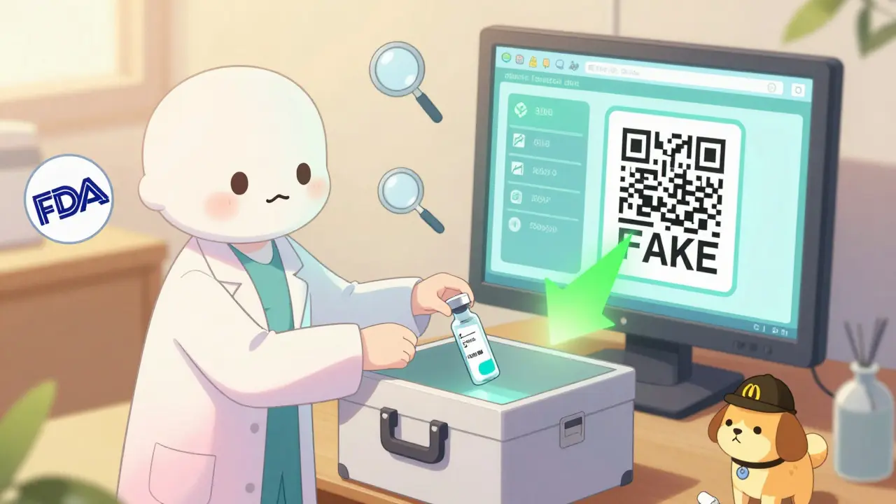 A pharmacist placing a fake insulin vial into evidence while a screen shows blockchain tracking and QR code verification.