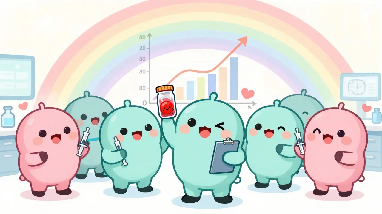 Cheerful volunteers in pastel scrubs with smiling blood cells and dancing confidence range graphs in a colorful lab.