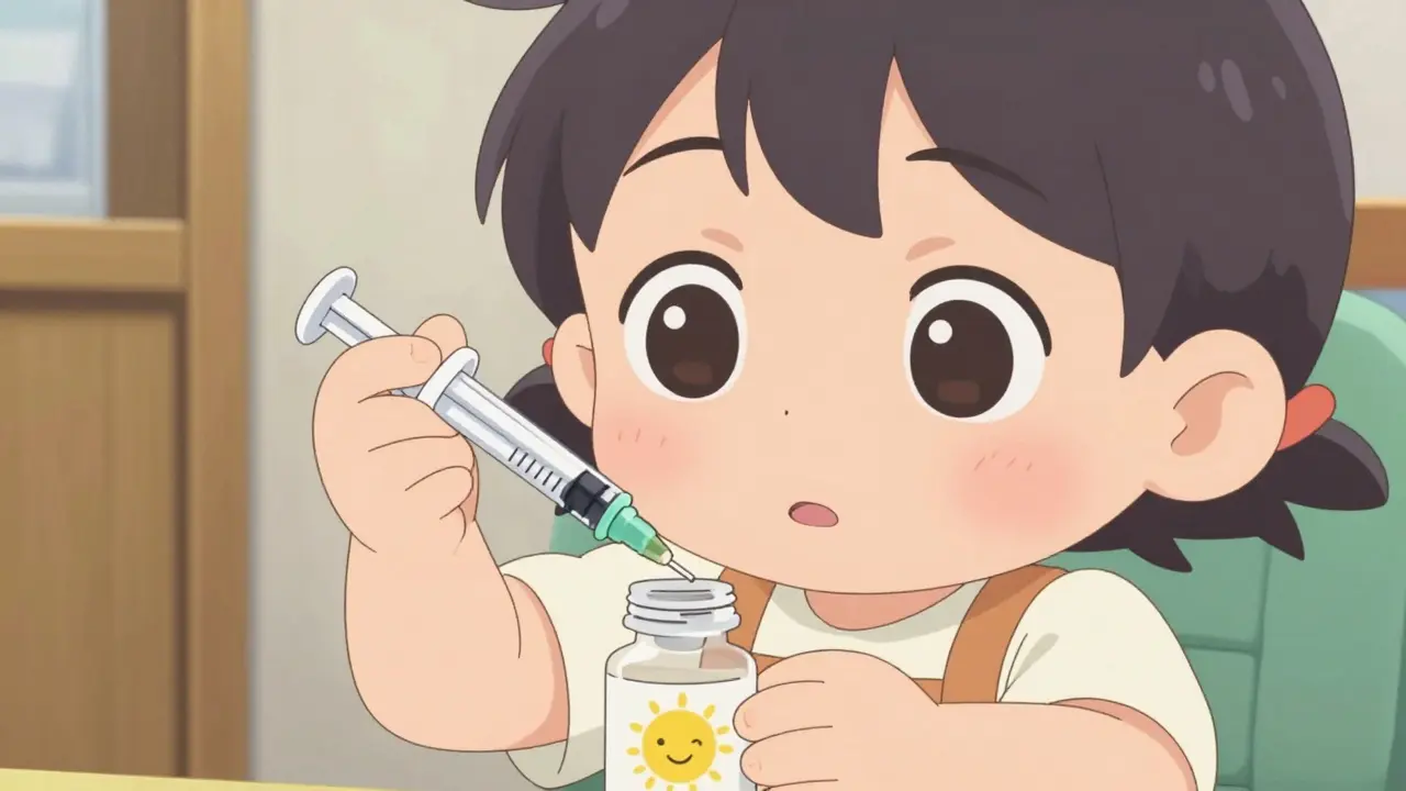 Child measuring liquid medicine with syringe in home setting.