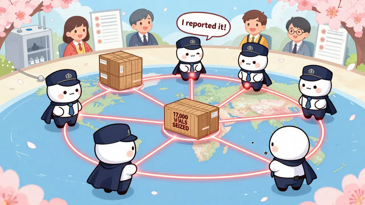 Cute FDA agents intercepting fake drug shipments at a port, with glowing lines connecting global sources and happy protected faces.