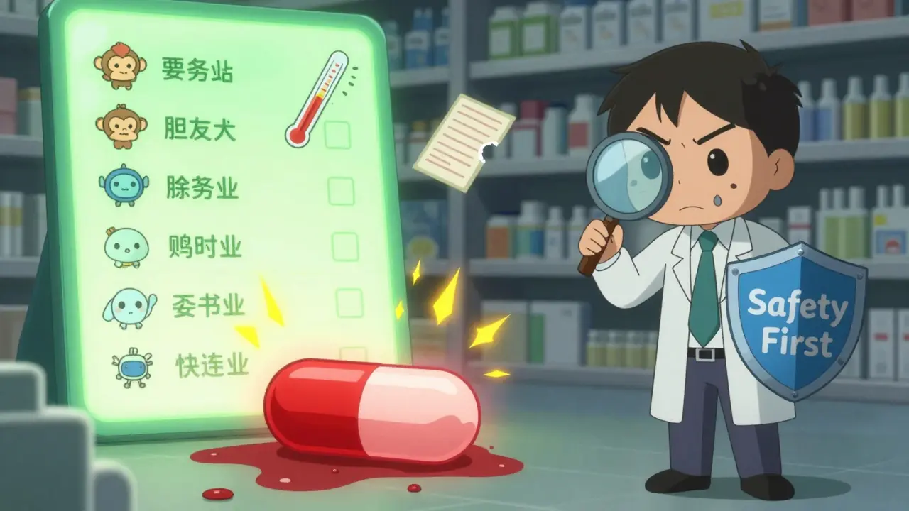 Dangerous contaminated pill being blocked by an FDA inspector surrounded by glowing CGMP compliance icons.