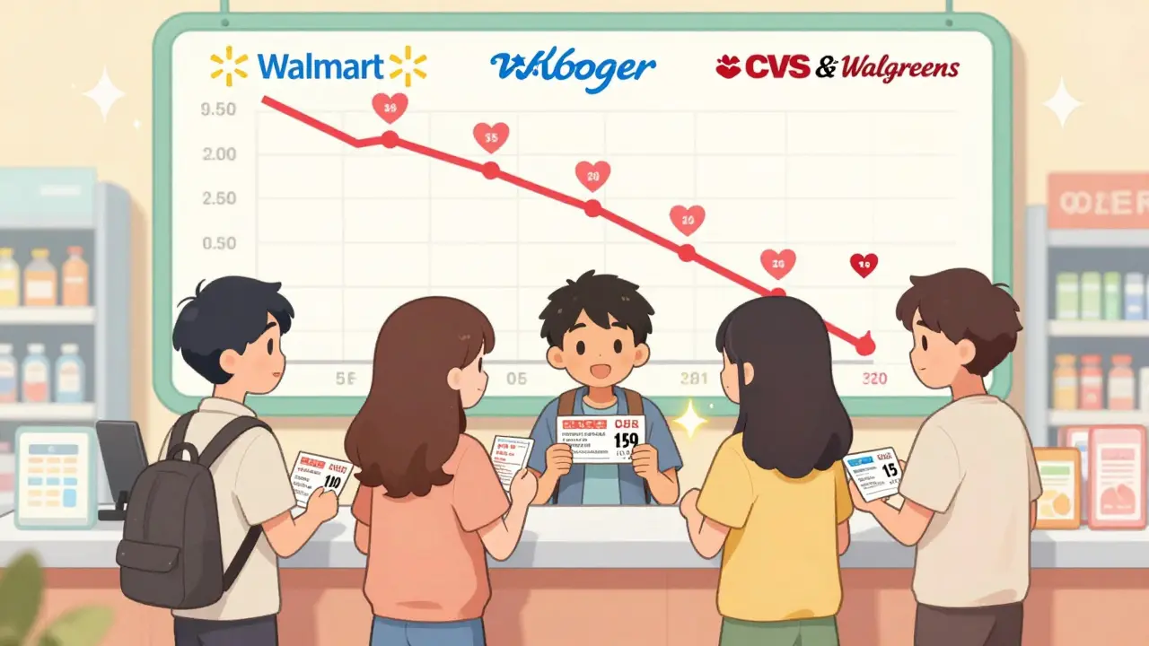 Friends comparing pharmacy prices at a supermarket, with sparkling discount coupons and animated price charts showing lower costs at grocery stores.