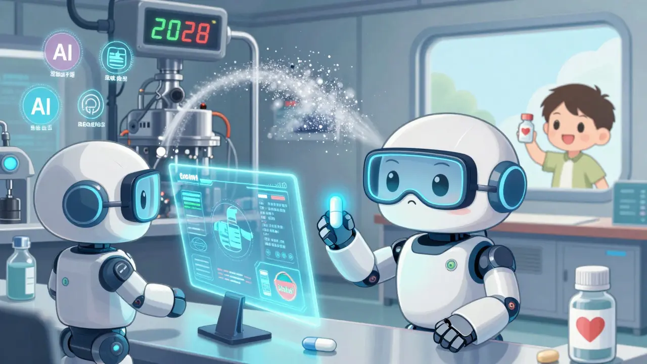 Futuristic kawaii drug production line with AI robots and holographic quality monitors in a bright lab.