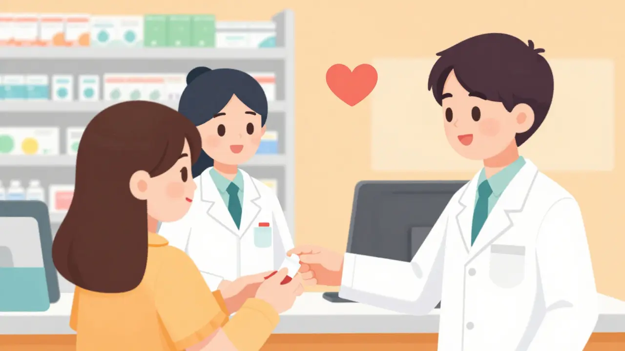 Person receiving medication from local pharmacy with assistance heart symbol