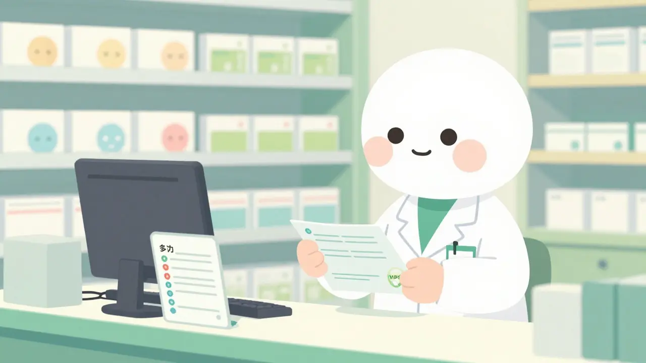 Pharmacist verifying prescription and VIPPS certification for medication