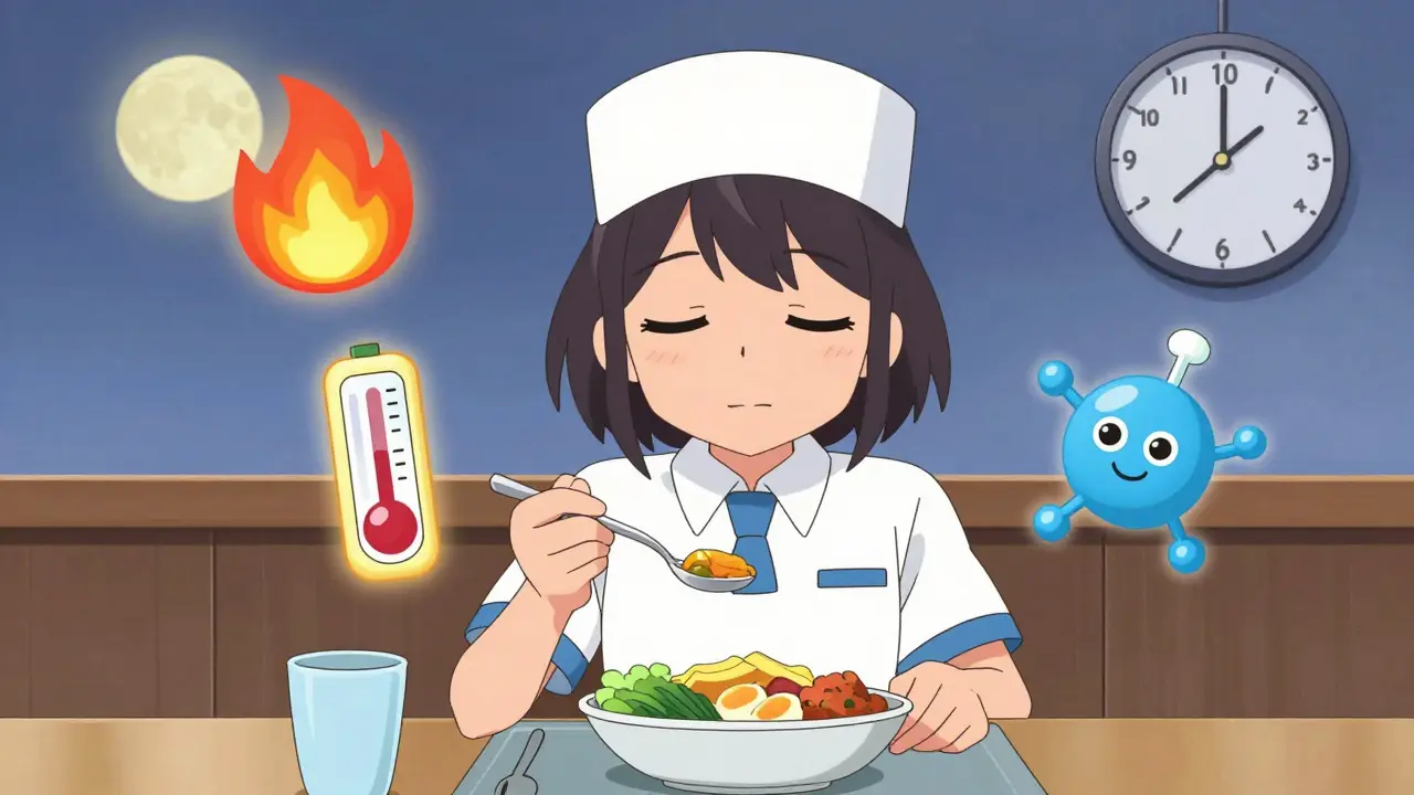 Shift worker enjoying lunch at 2 p.m. with floating health icons showing metabolic benefits.