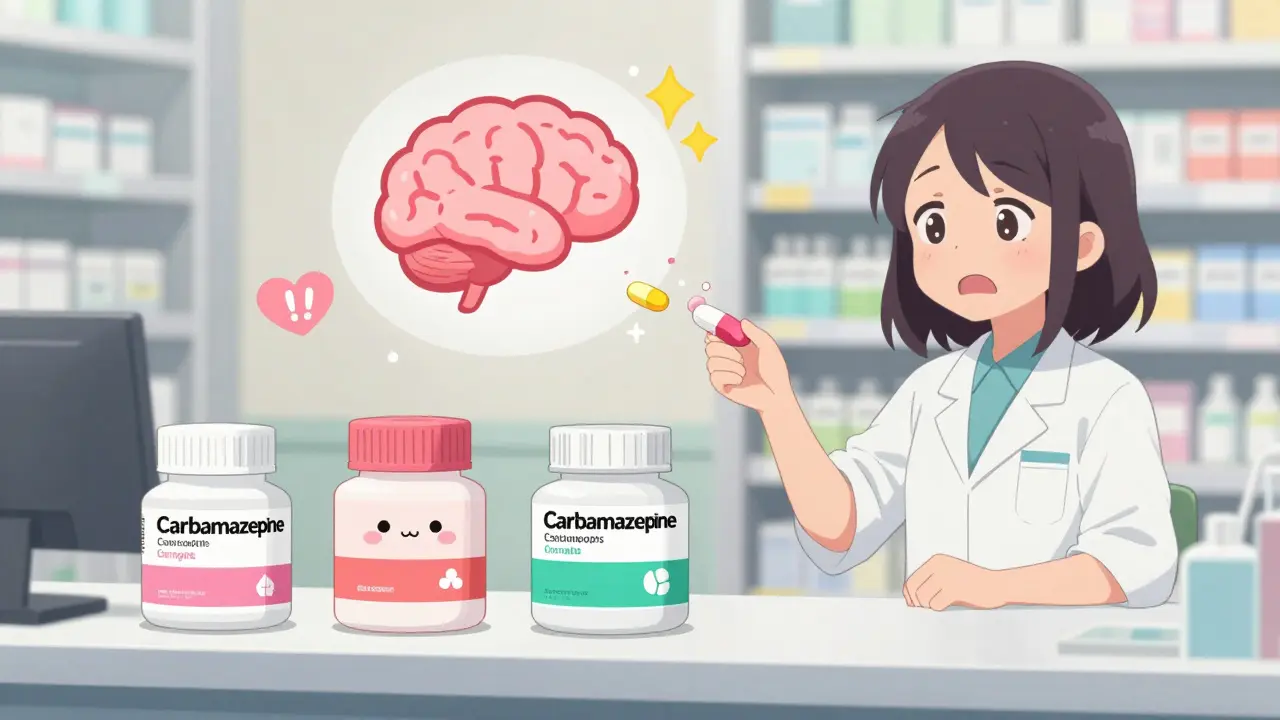 Three different generic carbamazepine tablets being swapped at a pharmacy, with a patient floating above showing a seizure warning.