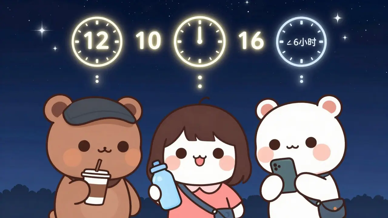 Three diverse people under starry sky as fasting window expands, symbolizing simplified weight loss.