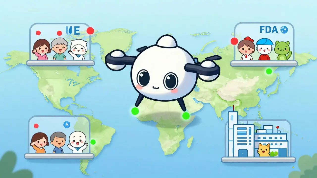 A cute FDA drone hovering over a global map, turning risk zones green while patients wave happily from windows.