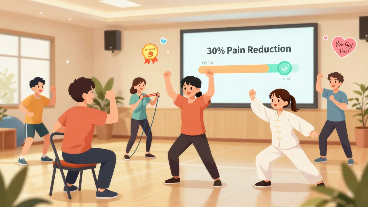 A diverse group of people doing gentle exercises in a community center, with floating health icons above them.