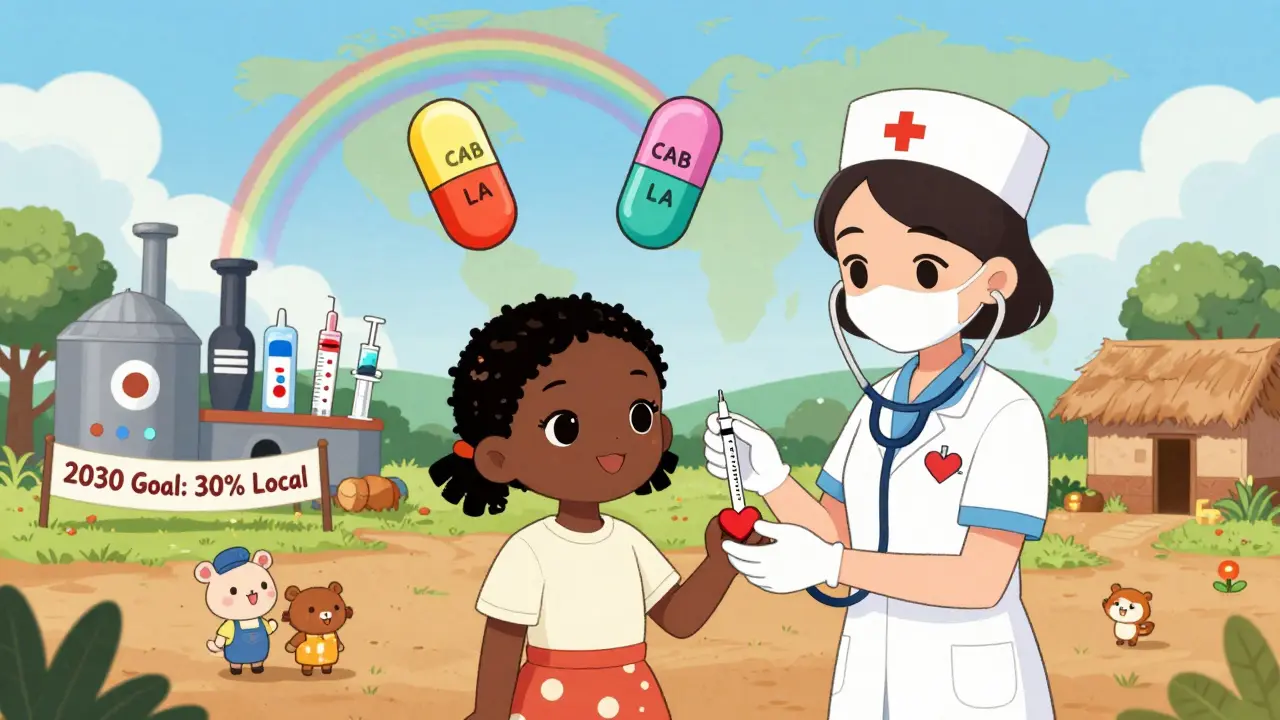 A girl receives a long-acting HIV injection as cartoon capsules float above, with African factories in the mural.