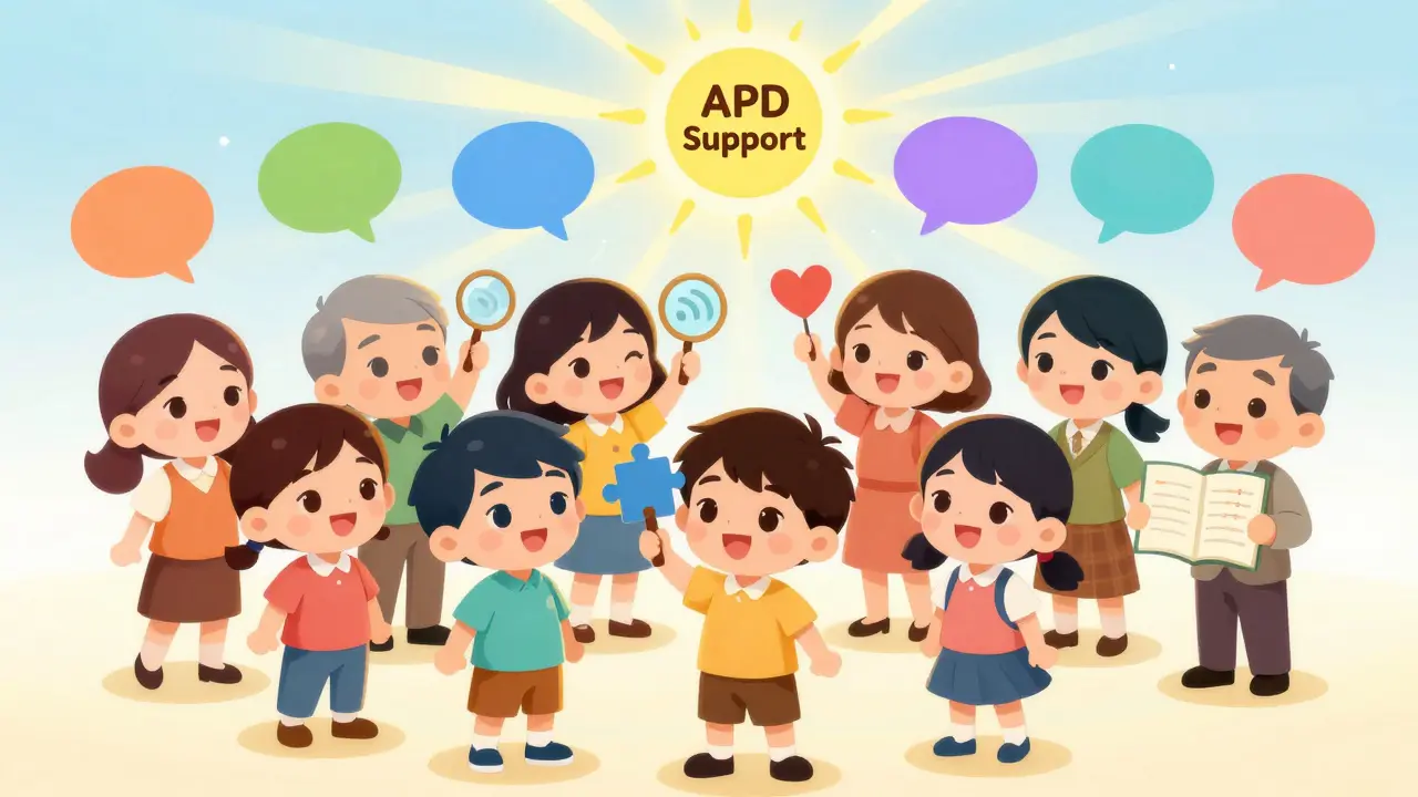 A group of people holding tools representing APD support, surrounded by transforming noise into clear speech bubbles.