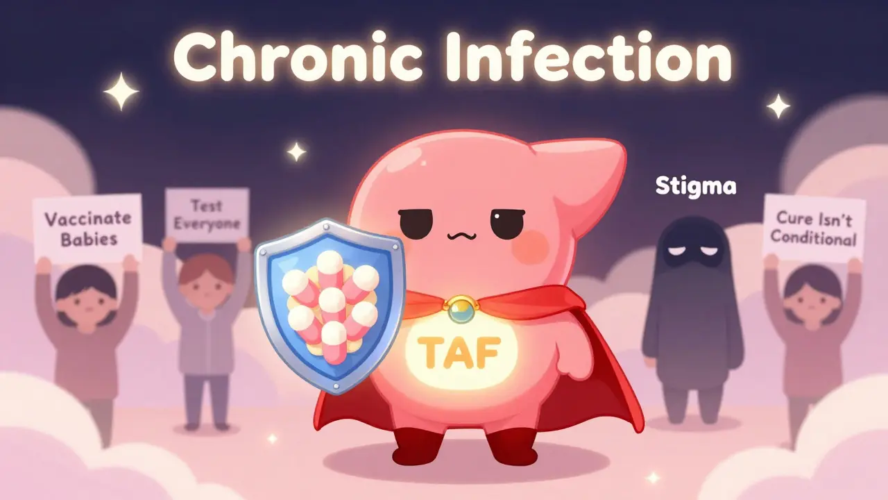 A liver superhero defeating stigma with antiviral pills, as people support testing and vaccination.